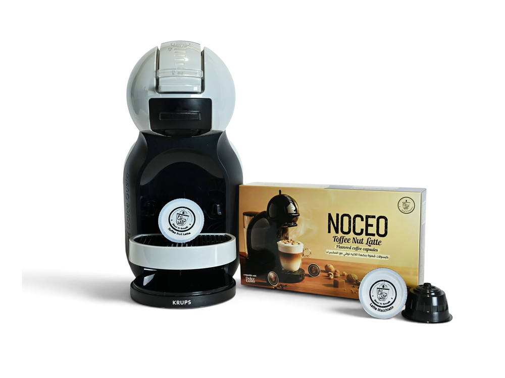 NOCEO - Toffee Nut Latte - SoulnSmell NOCEO Toffee Nut Latte capsules displayed with a Dolce Gusto coffee machine and product box
