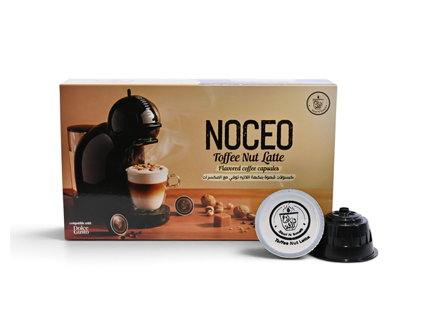 SoulnSmell NOCEO Toffee Nut Latte coffee capsule box with two Dolce Gusto compatible capsules on white
